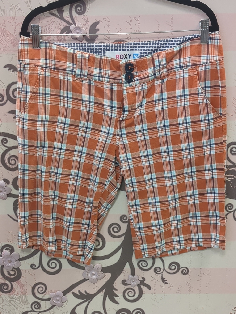 Roxy Orange Plaid Bermuda Shorts with Blue Accents